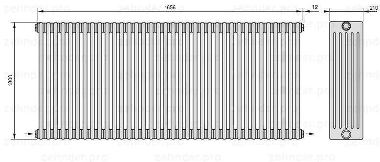 Схема (чертеж) Радиатор Zehnder Charleston 6180/36 №2670 Белый глянцевый RAL 9016